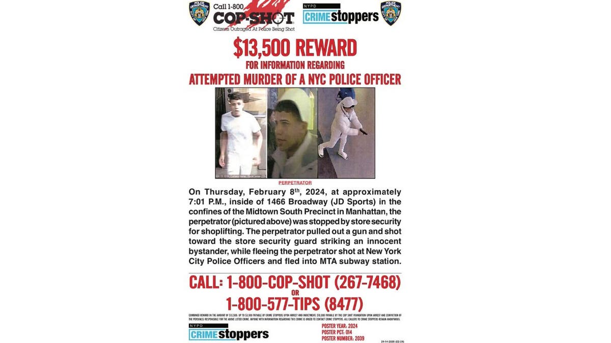 A wanted poster describing details of the suspect wanted for shooting at a police officer in Times Square on Thursday.