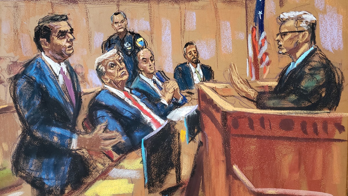 A court sketch depicts former President Donald Trump appearing in a New York City courtroom in Manhattan