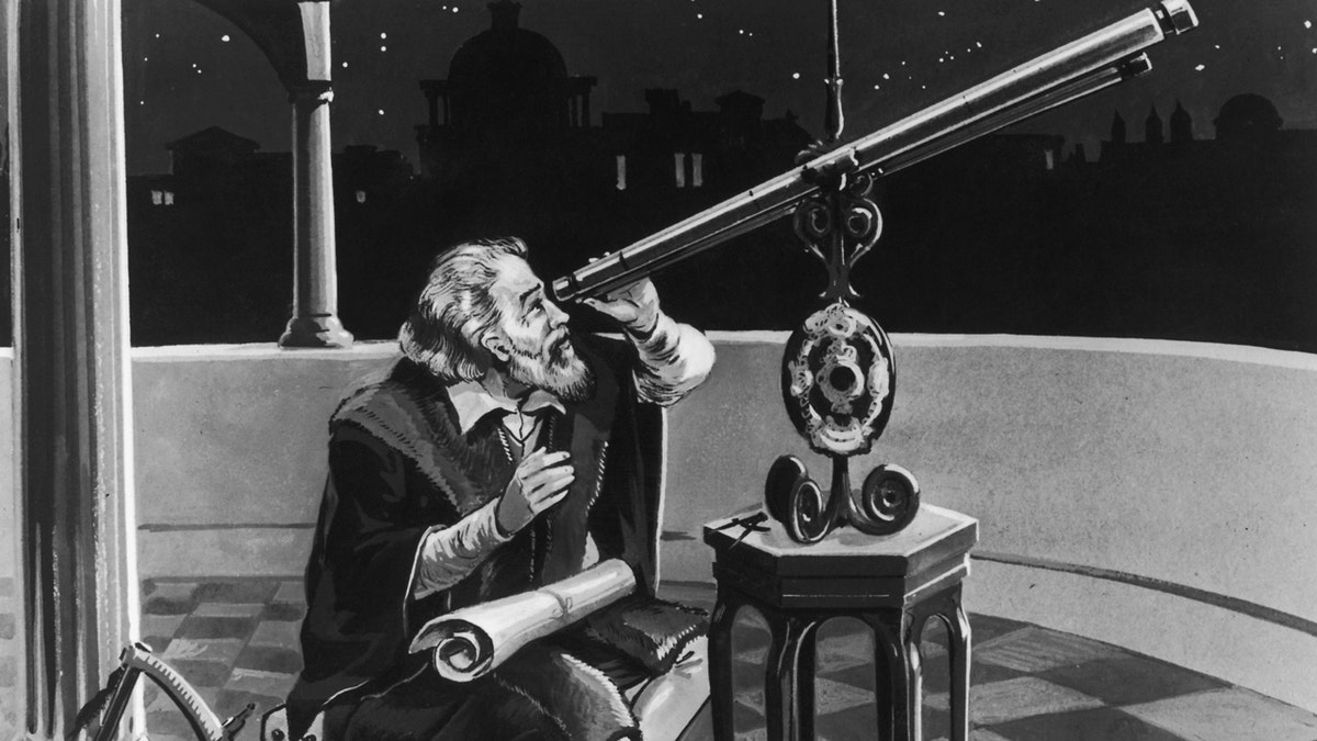 Galileo Galilei using a telescope