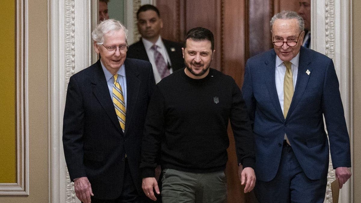 Schumer, Zelenskyy, McConnell split image