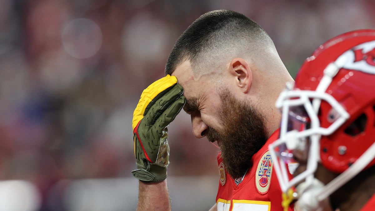 Travis Kelce reacts during Super Bowl LVIII