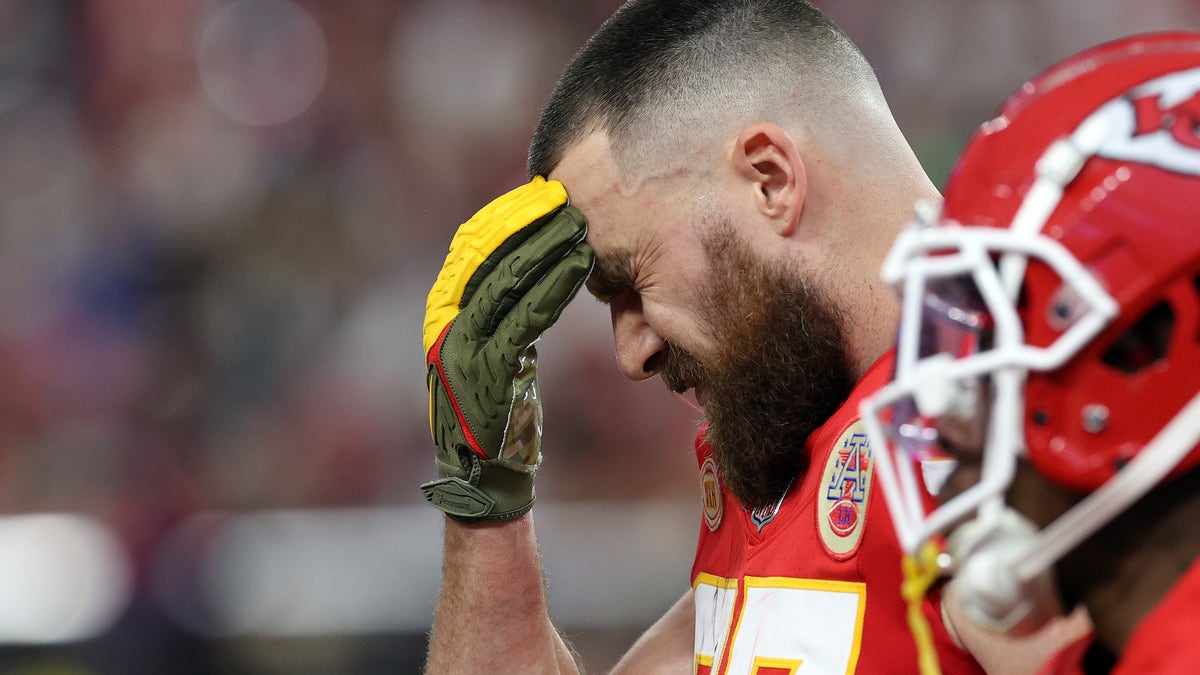 Travis Kelce reacts during Super Bowl LVIII