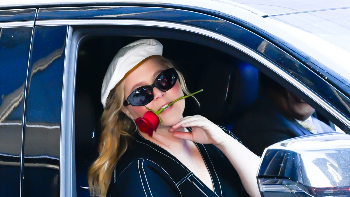 Amy Schumer com uma rosa na boca