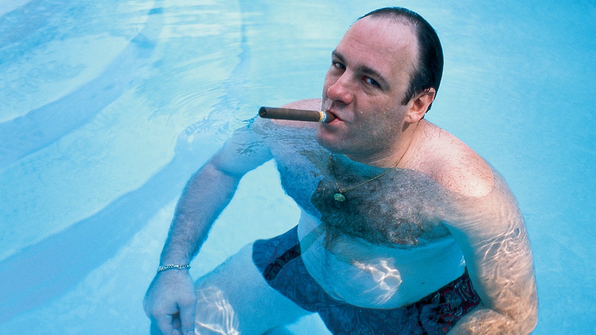 James Gandolfini swimming in a pool smoking a cigar