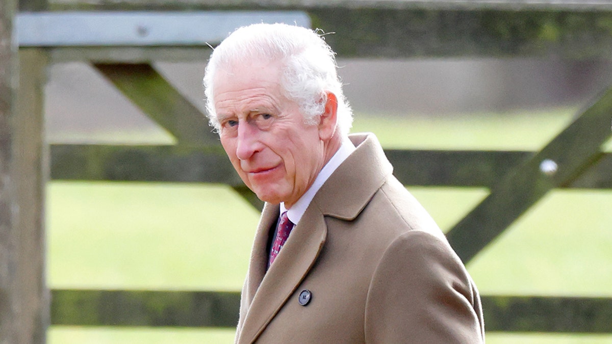 Um close do rei Charles olhando para o lado vestindo um casaco marrom