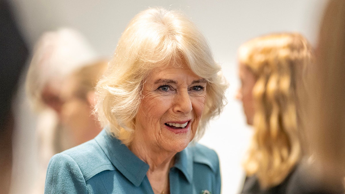 A close-up of Queen Camilla talking to people at a public function