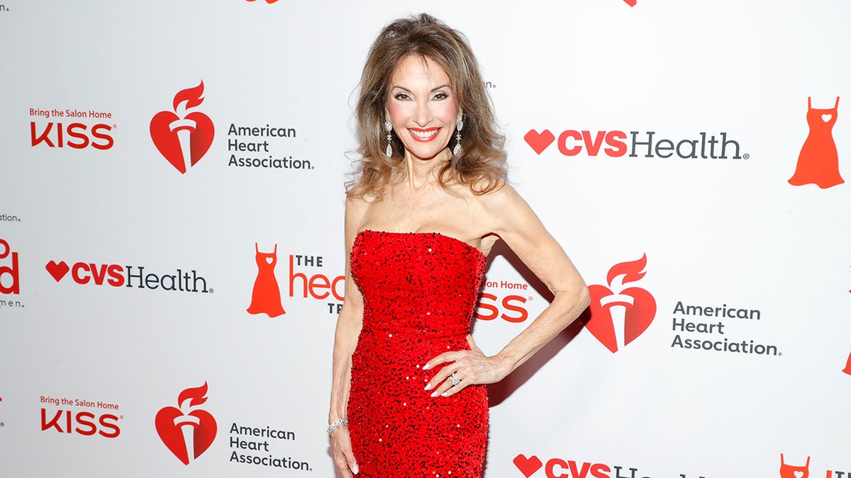 Susan Lucci wearing a strapless red dress