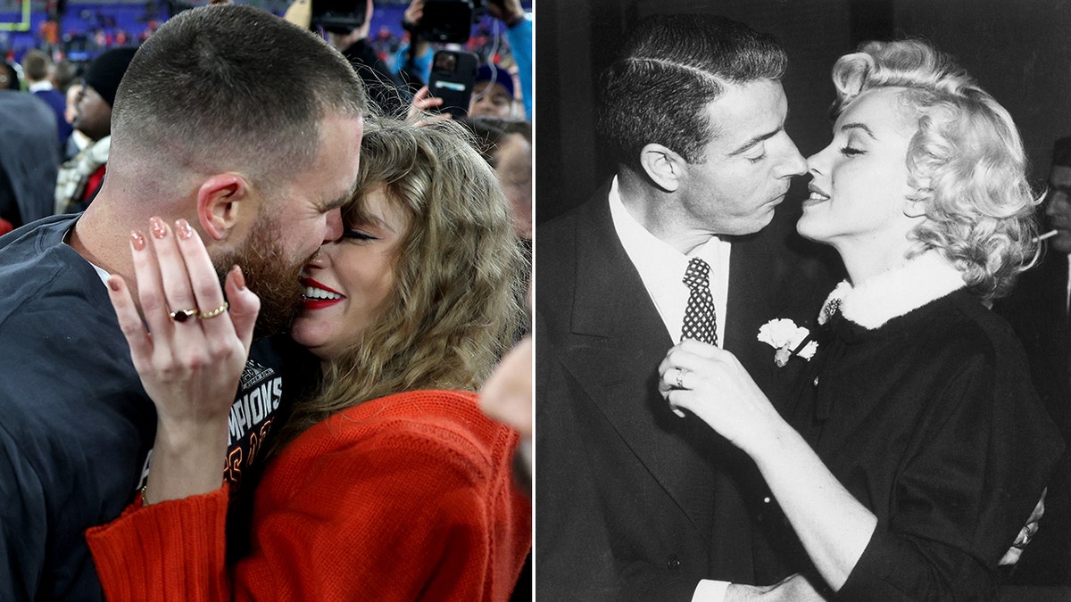 A split side-by-side image of Taylor Swift and Travis Kelce with Marilyn Monroe and Joe DiMaggio
