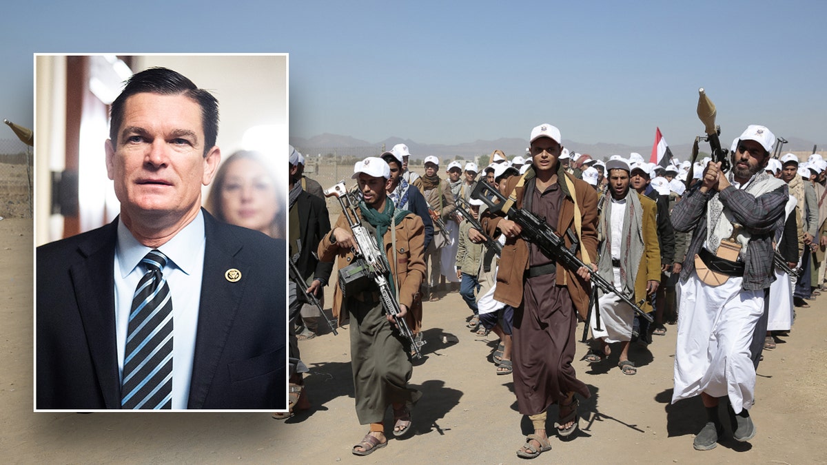 Rep. Austin Scott (left) dark suit, light blue and dark striped tie inset on photo of Youthi rebels with white hats and guns walking