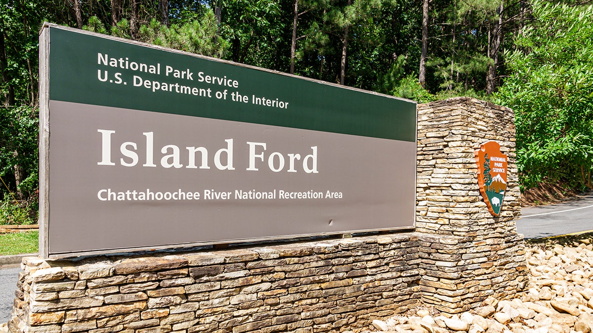 Sign reads National Park Service U.S. Department of the Interior Island Ford Chattahoochee River National Recreation Area