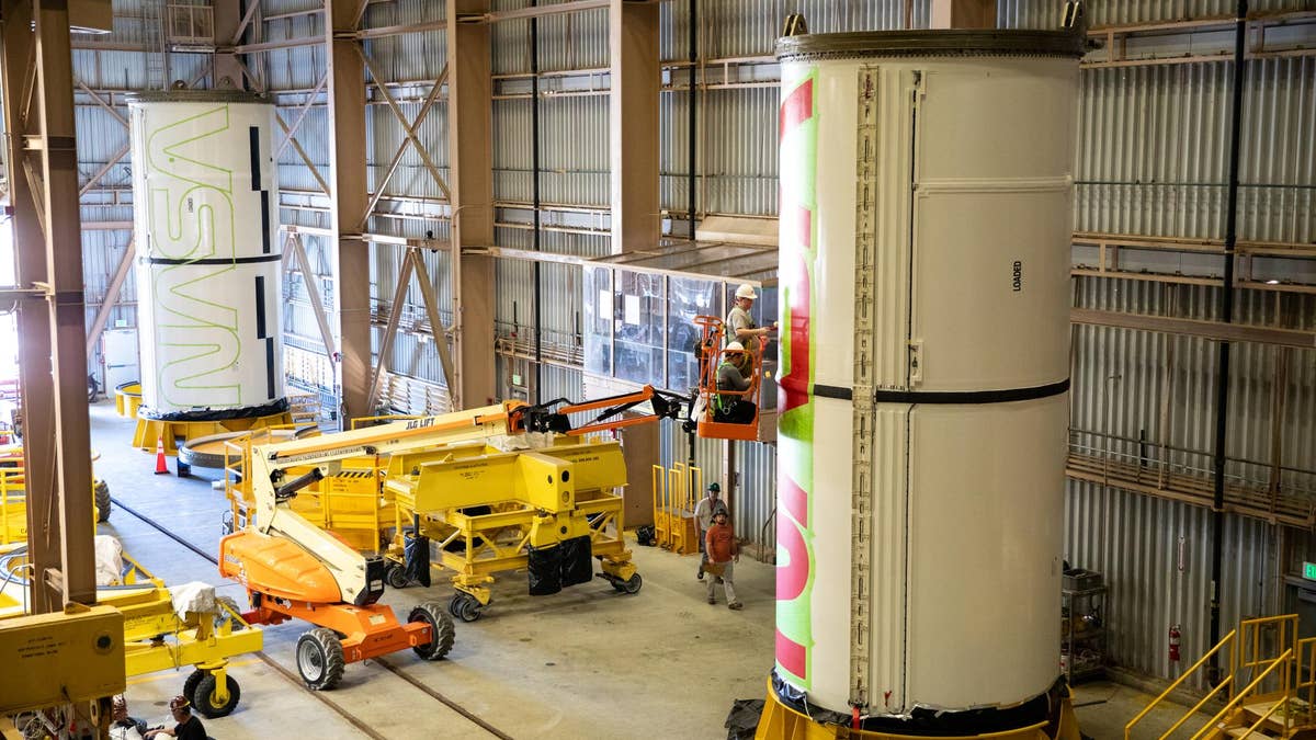 painting nasa worm logo onto SLS boosters