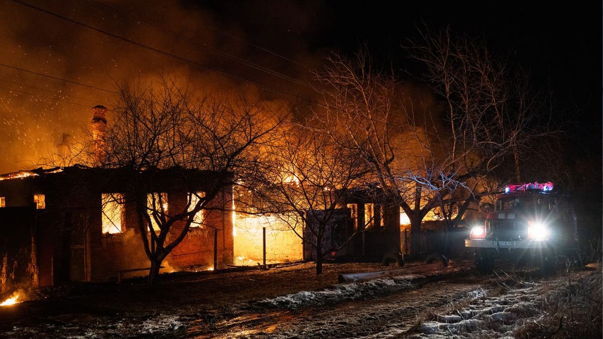 A house in Ukraine on fire