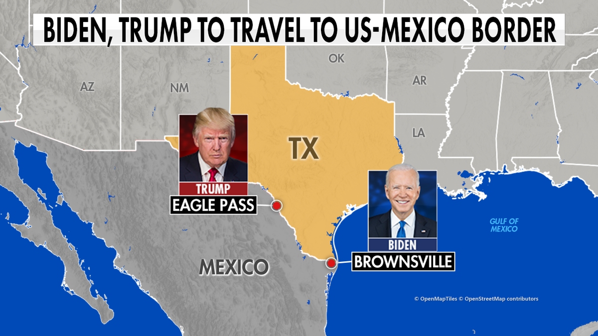 Locations of Thursday border visits by Biden and Trump seen on map