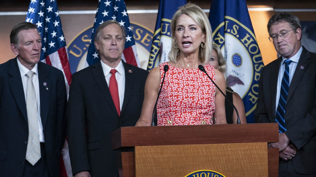 Mary Miller, a Republican from Illinois, speaks during a news conference held to call for the firing of Anthony Fauci from his position as director of the U.S. National Institute of Allergy and Infectious Diseases at the U.S. Capitol in Washington, D.C., U.S., on Tuesday, June 15, 2021.