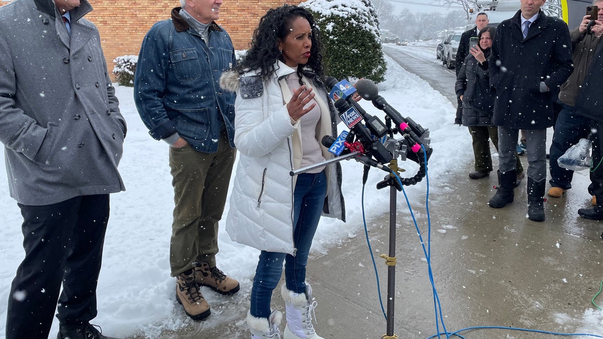 Mazi Pilip speaks with reporters in the snow on Election Day in NY-03