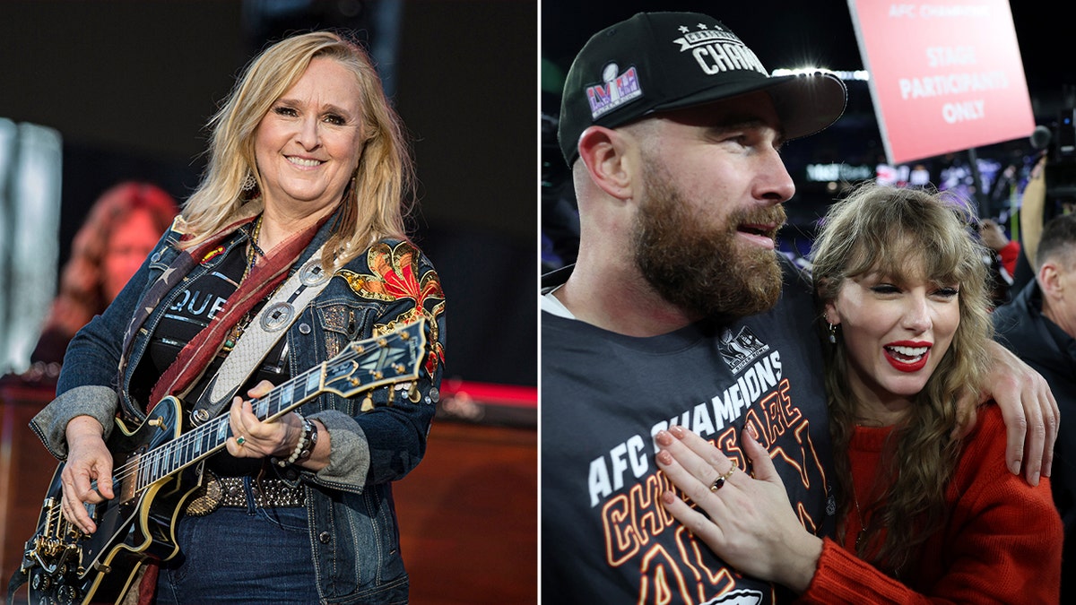 Melissa Etheridge playing guitar side by side a photo of Travis Kelce and Taylor Swift hugging