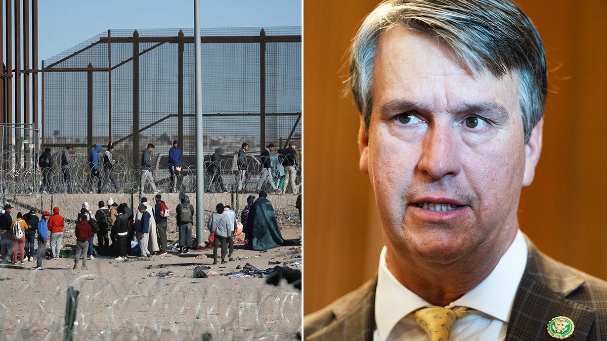 Migrants standing in line at the southern border, wall, barb wire, split with image close up of Rep. Barry Moore