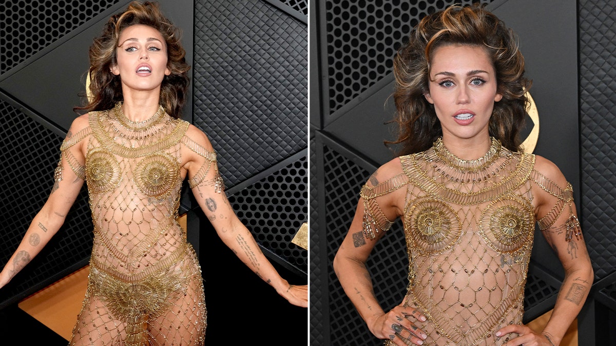 Fotos lado a lado de Miley Cyrus em vestido dourado