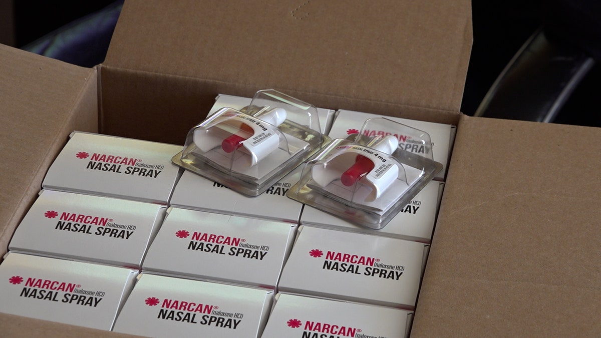 Doses of Narcan are packed inside a cardboard box