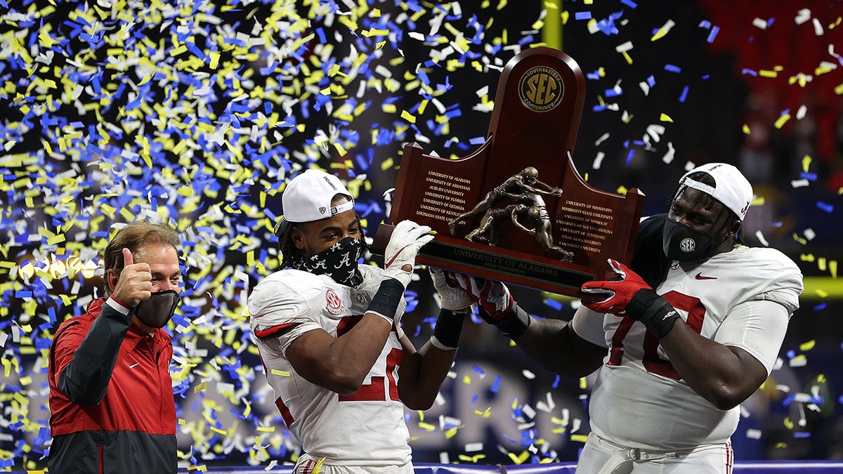 Nick Saban celebrates in 2020