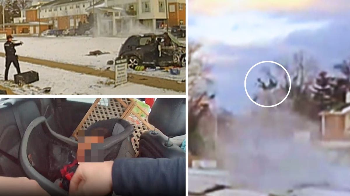 A three way collage showing different instances of a wild police car chase