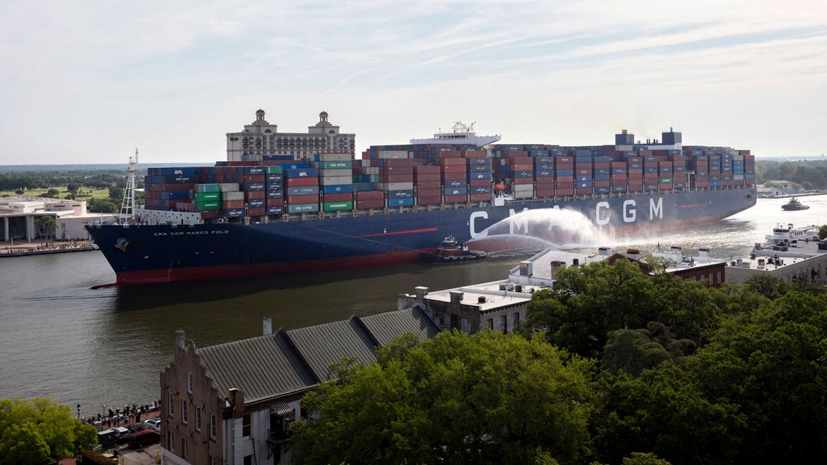 The ship CMA CGM Marco Polo sails up river in Savannah