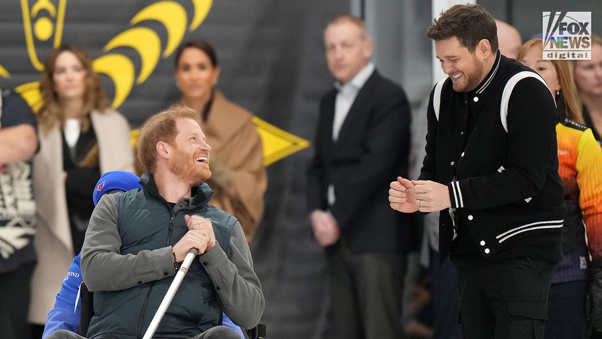 Prince Harry and Michael Buble join a training session for curling competitors at the 2025 Invictus Games