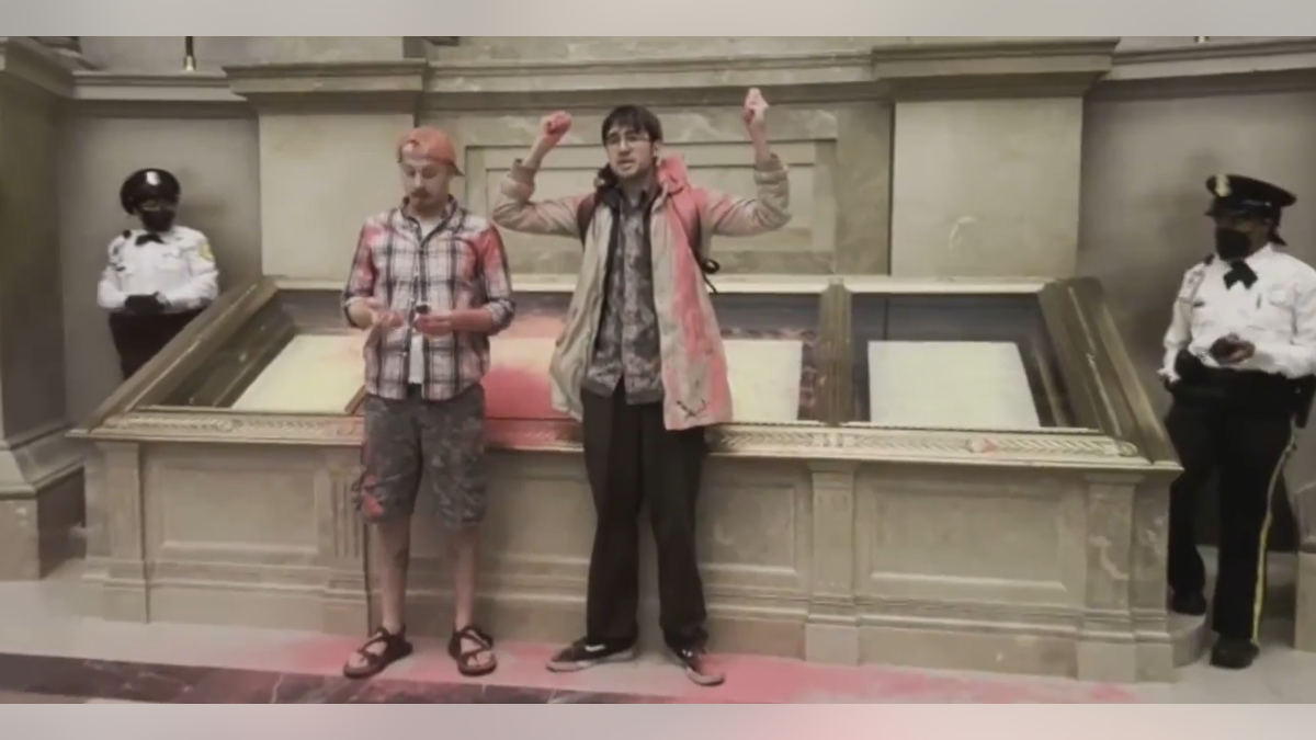 National Archives Rotunda evacuated after climate activists dump pink powder on case holding US Constitution