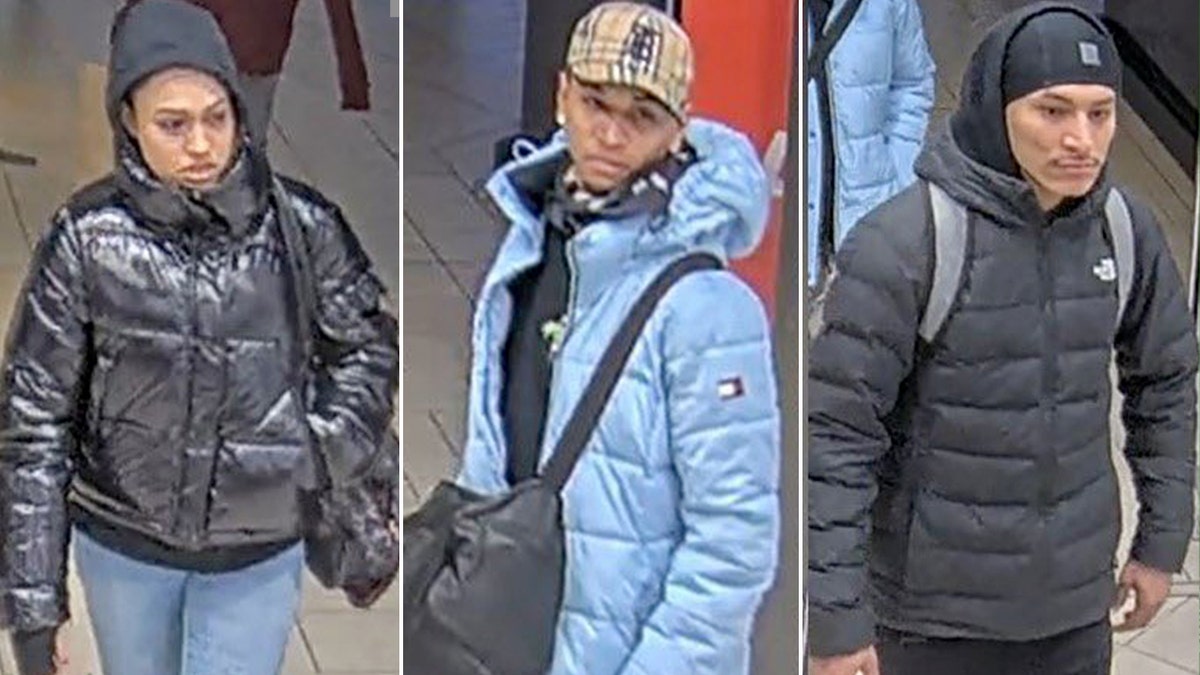 Female (left) in black jacket, hoodie, jeans, and black bag, male (center) in blue jacket, striped cap, and black bag, male (right) in black jacket, hood, and bookbag straps