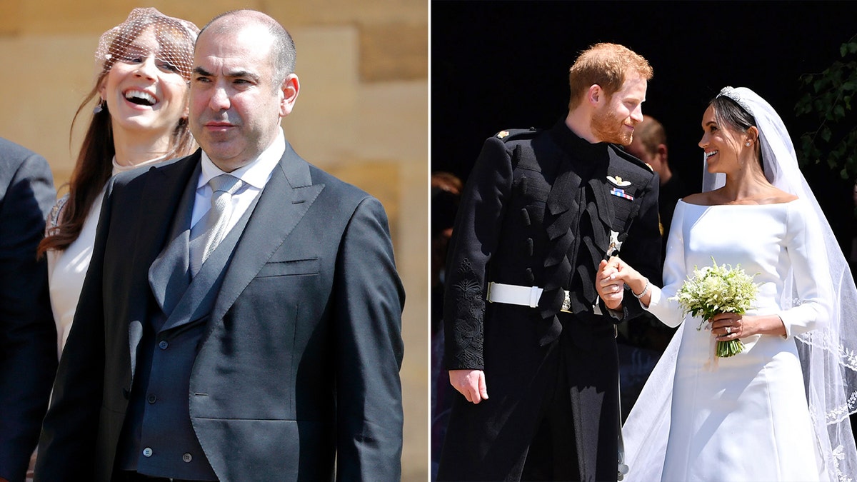 Side by side photos of Rick Hoffman at wedding and Prince Harry and Meghan Markle exiting church on wedding day