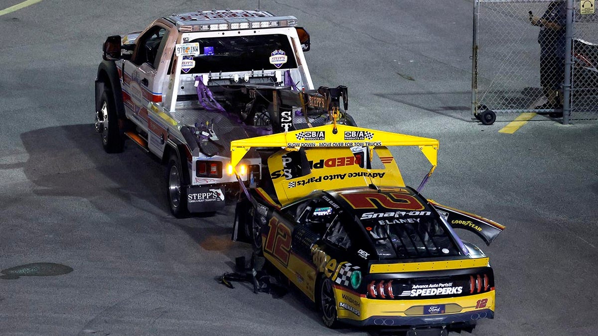 A wrecked Blaney car