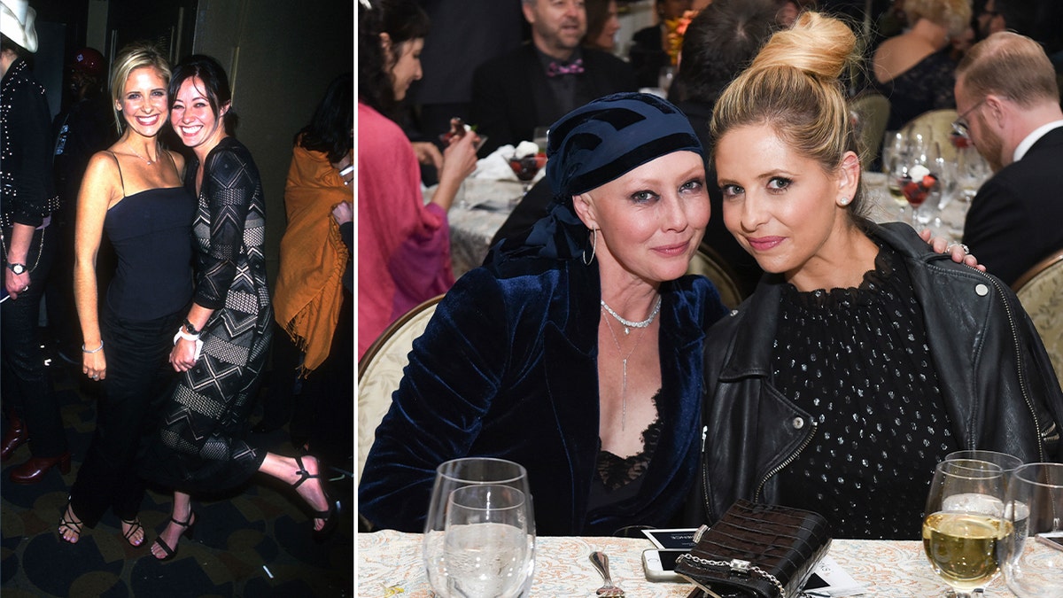 Side by side photos of Sarah Michelle Gellar and Shannen Doherty in 1999 and 2016