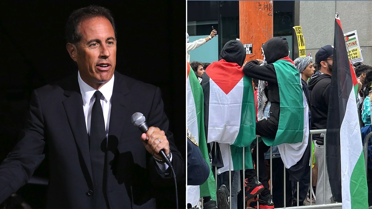 Jerry Seinfeld and pro-Palestinian protestors split image