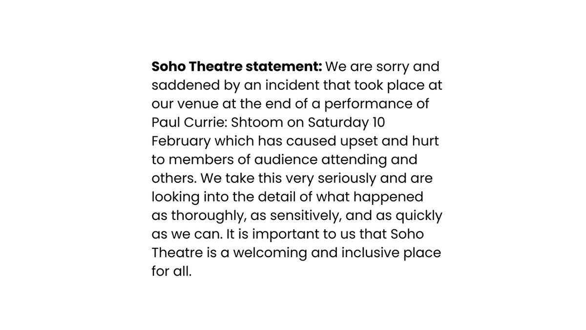 Soho Theatre apology