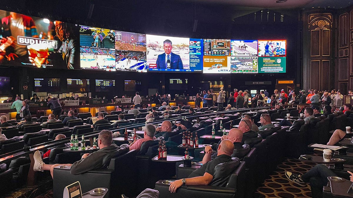 Sports fans sit at sportsbook