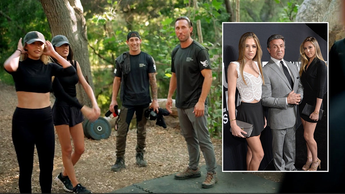 Sistine and Sophia Stallone with Navy SEALs inset with a photo of them with Sylvester Stallone