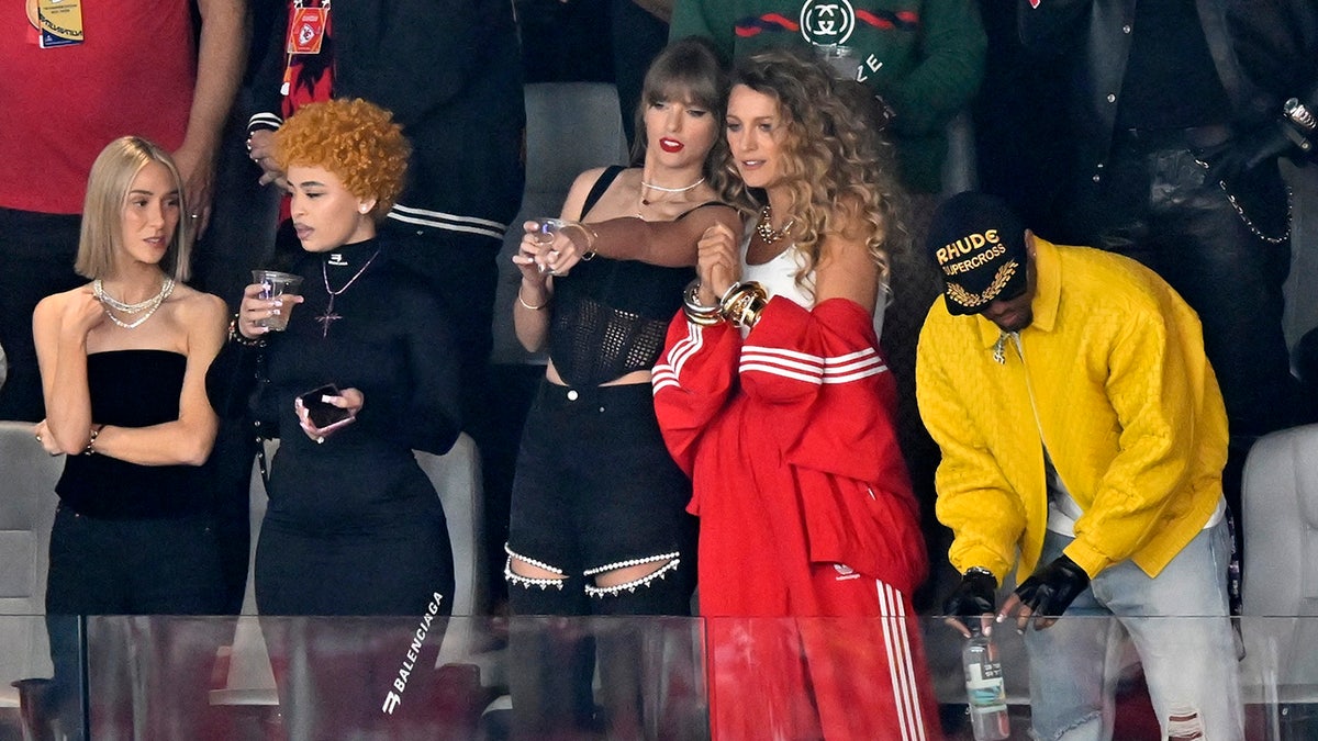 Ashley Avignone, Ice Spice, Taylor Swift and Blake Lively speech   earlier  the NFL Super Bowl 58 shot   game