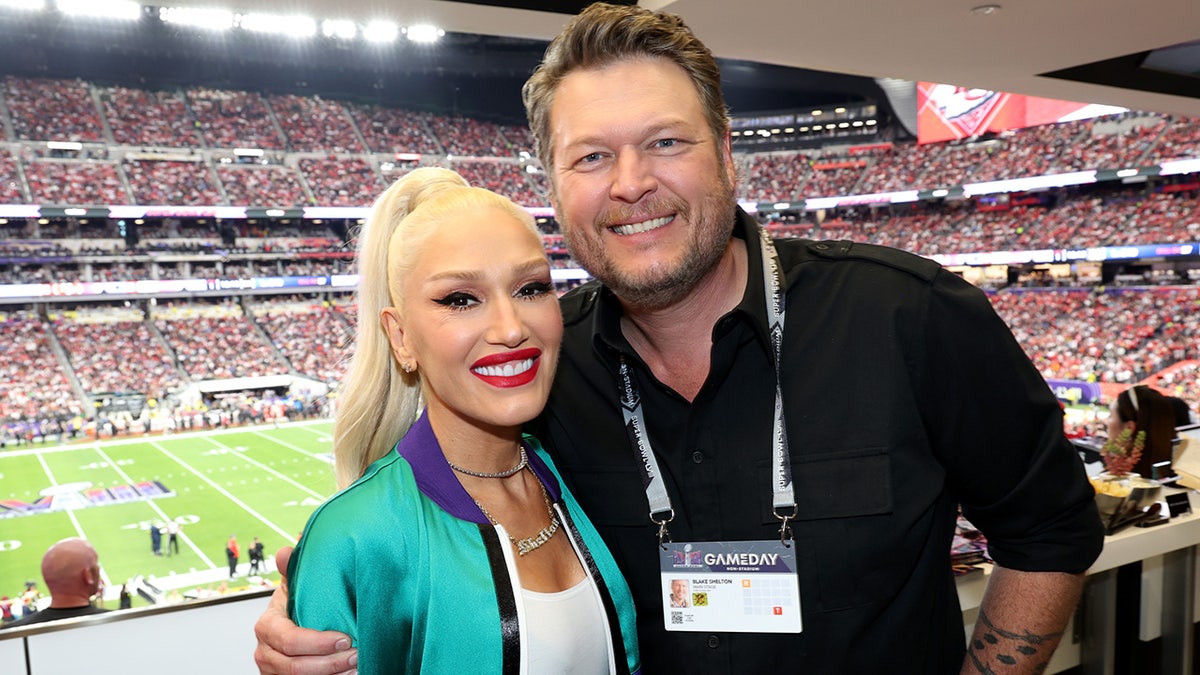 Gwen Stefani and Blake Shelton attend the Super Bowl LVIII