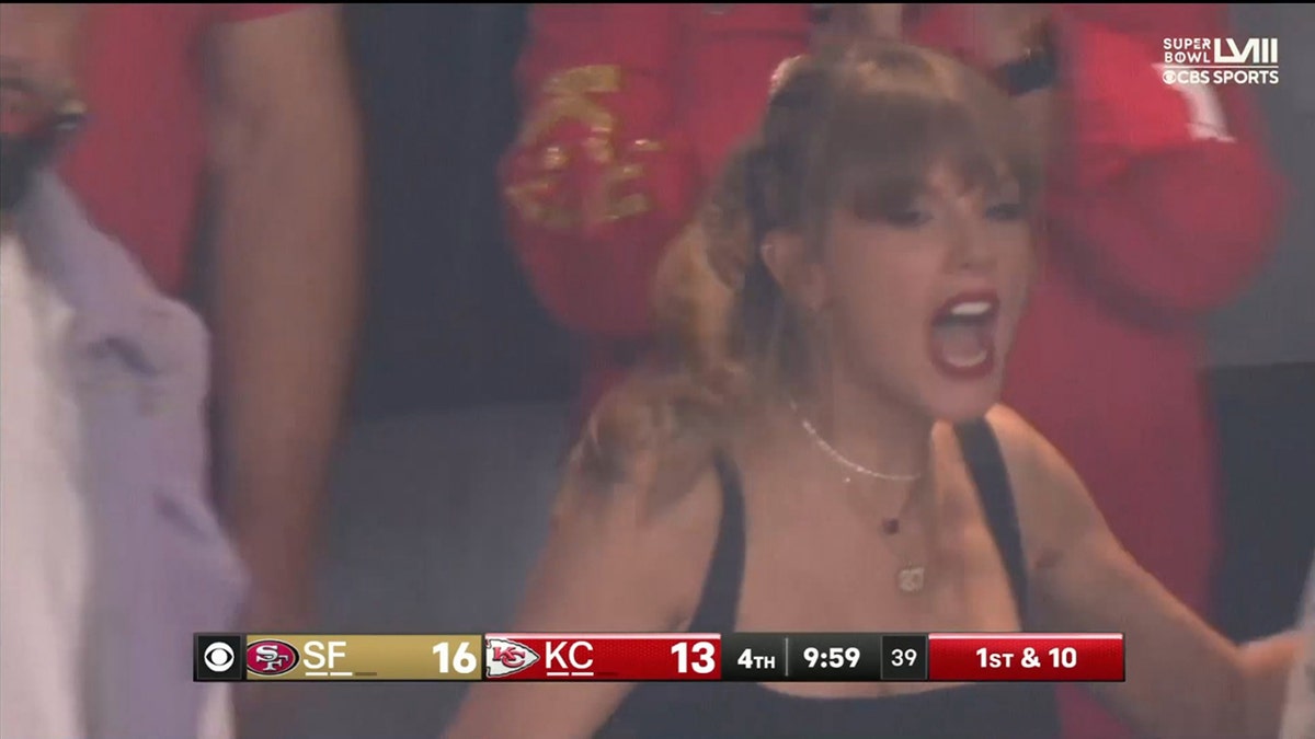 Taylor Swift screaming in the stands at Super Bowl LVIII