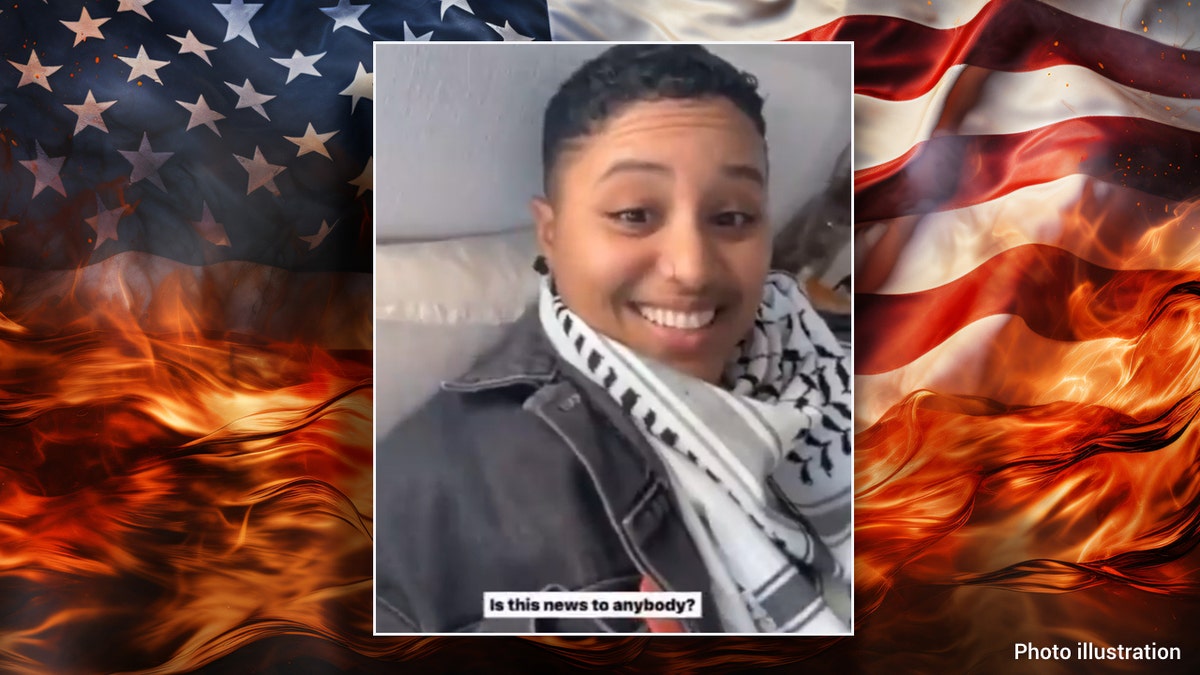Woke Kindergarten leader seen in a screenshot from social media overlayed on a background showing an American flag on fire