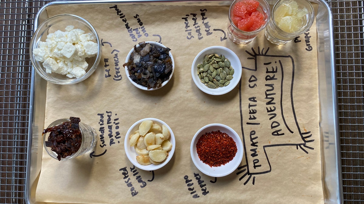 A sheet of different ingredients for a flavor of sourdough