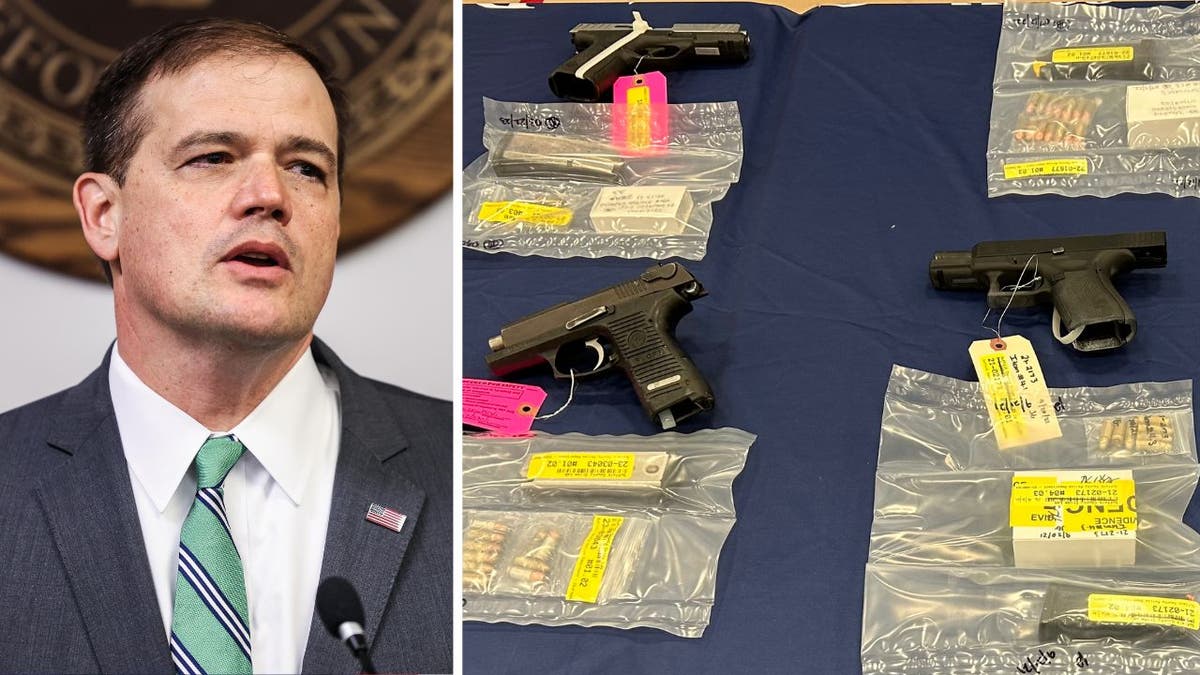 Suffolk County District Attorney Ray Tierney and confiscated gang guns