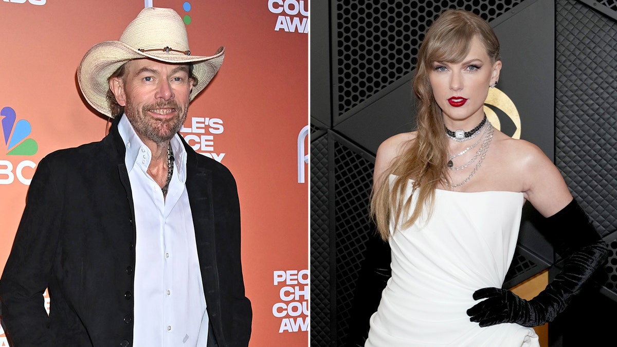 Side by side photos of Toby Keith and Taylor Swift