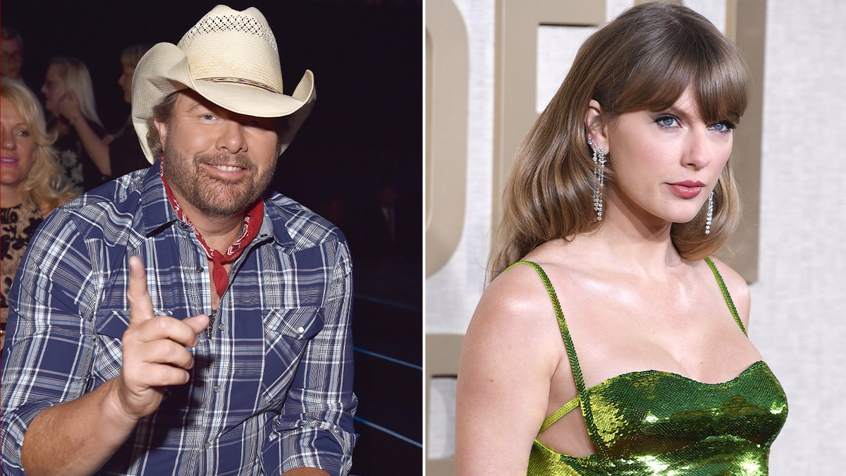 Side by side photos of Toby Keith and Taylor Swift