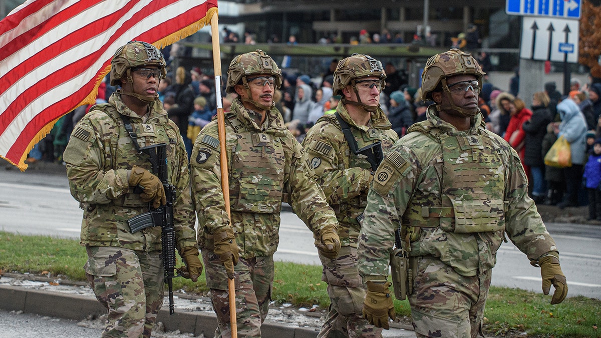 US Army soldiers march in Lithuania