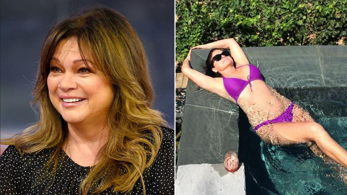 Um split de Valerie Bertinelli sorrindo e ela de biquíni