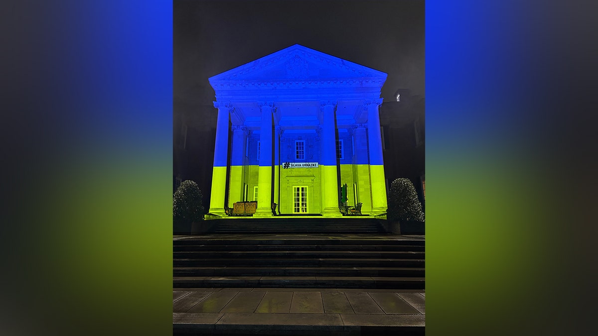 The British Embassy in Washington, D.C. lit up in the colors of the Ukrainian flag