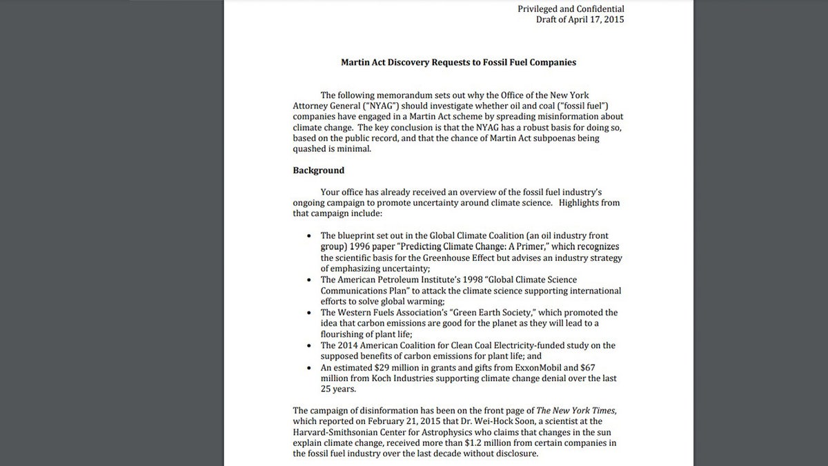 The first page of the revised memo Wasserman sent to New York State Attorney General lawyers in April 2015. The memo came months before the attorney general issued its subpoena in the case.