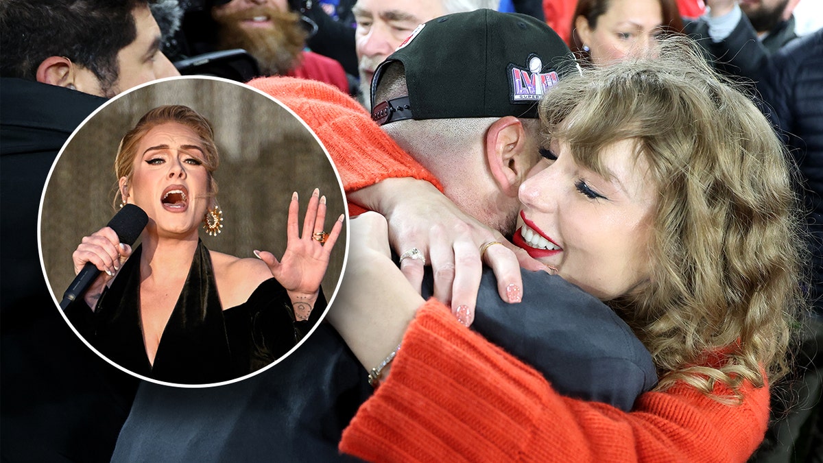 Adele with her hand up singing on stage split a photo of Taylor Swift hugging Travis Kelce on the field