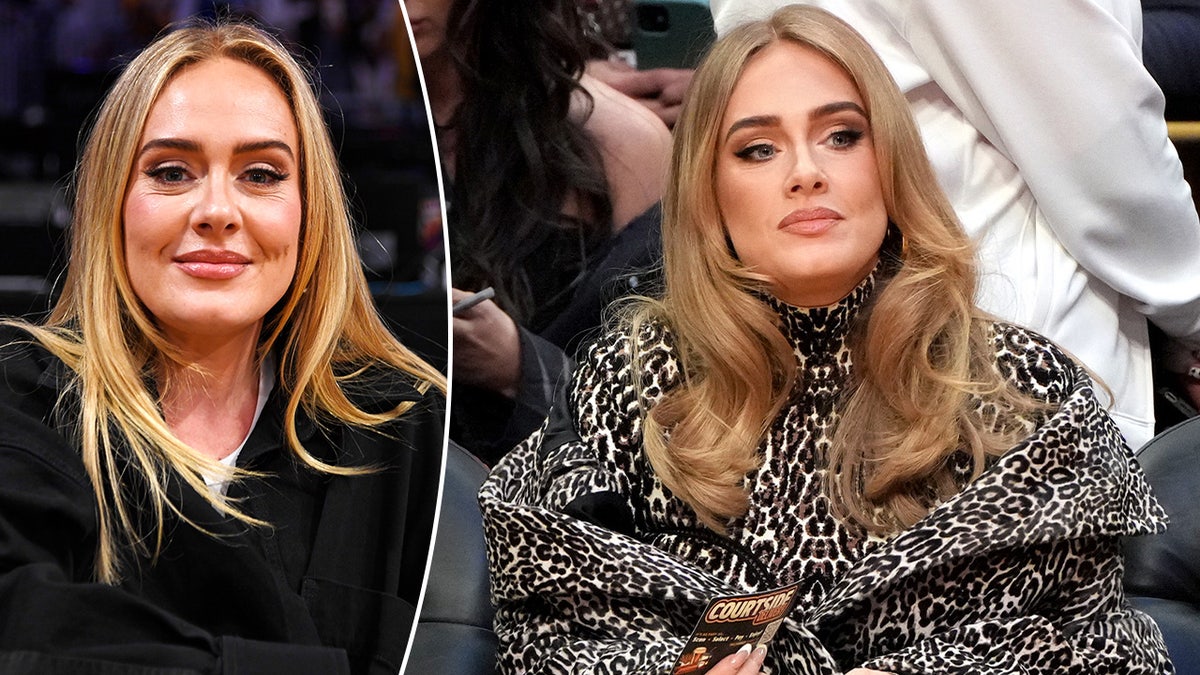 A photo of Adele split with a photo of her looking upset at an NBA game